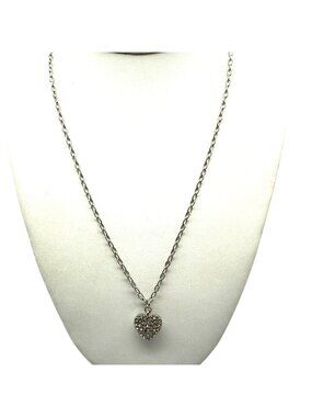 Vintage Pave Crystal Heart Pendant Necklace, Silver Tone Dainty Chain, Romatic